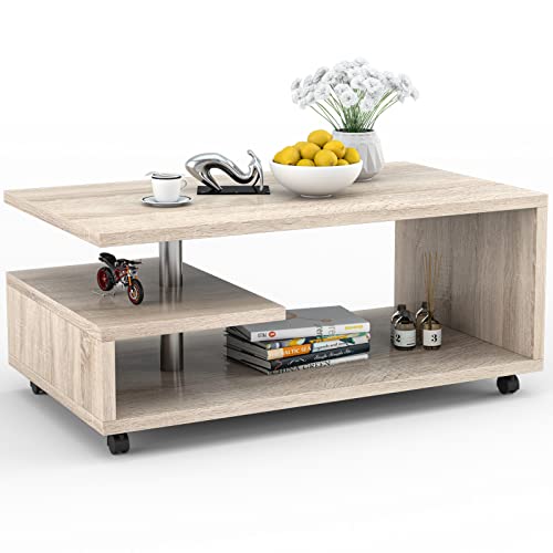 COSTWAY Table Basse à 3 Niveaux, Table Basse de Salon avec 4 roulettes et Étagère de Rangement, pour Salon, Bureau, Chambre, 105 x 60 x 46 cm (Naturel)