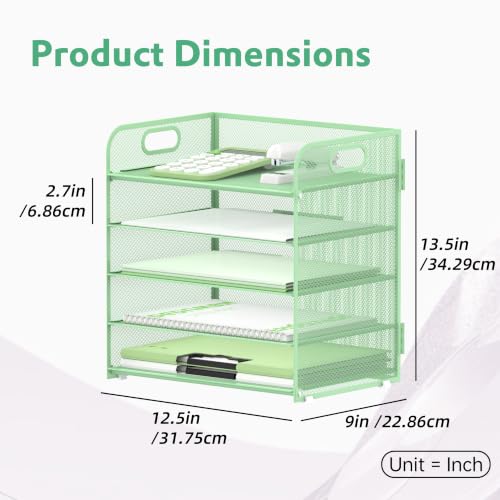 Image of Supeasy 5 Trays Paper Organizer Letter Tray with Handle-Mesh Desk File Holders, Paper Sorter Desk Organizer for Office, Home, Classroom or School(Mint Green)