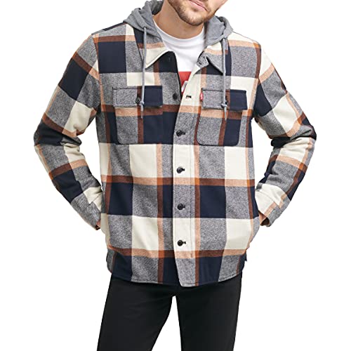 Image of Levi's mens Plaid Sherpa Lined Hooded Shirt Jacket (Regular & Big & Tall Sizes)