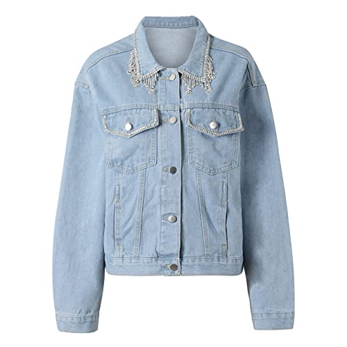 Women's Jean Jacket Rhinestone Tassel Denim Jackets Fashion Diamond Crystal Fringe Button Cropped Trucker Jackets #TOP4