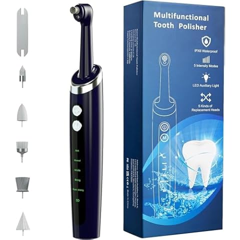 Hangsun Tooth Polisher Electric, Rechargeable Dental Polisher for Teeth Daily Cleaning, Whitening and Polishing, Stain Remover Tool with 5 Brush Heads, 5 Modes, IPX6 Waterproof and LED Light Cover