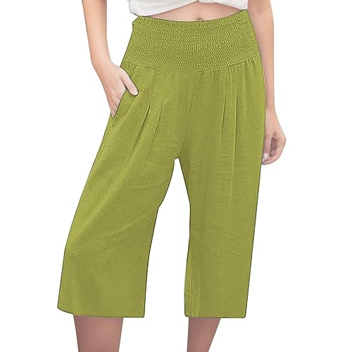 Pantalon 3/4 en lin pour femme à taille élastique haute pour l'été