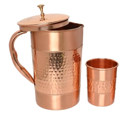 Image of KC Pure Copper Hammered Water Jug with Glass Set, 1500 ml Jug with 250 ml Glass, Lacquered Finish, Health Benefits Drinkware, 2 Piece Set