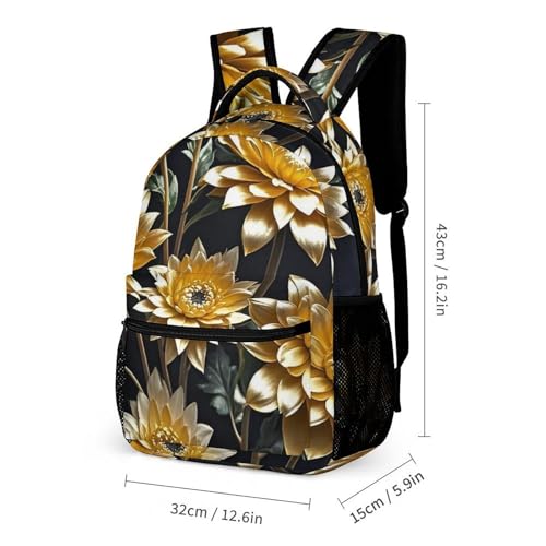 Gold Flowers on Black Backpack for Men Women, Durable Small Backpack Casual Lightweight Daypack for Travel Bag2