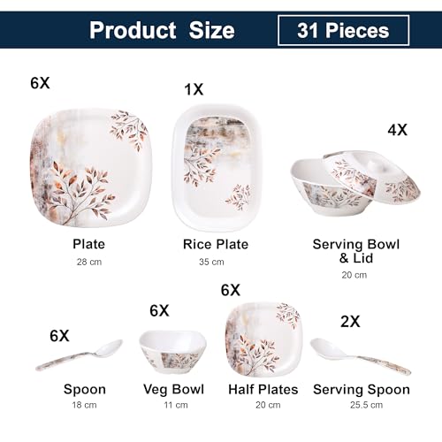 Image of Golden Fish 31 Pcs Complete Dinner Set for 6 with Rice Plate | 6 Full Plates, 6 Quarter Plates, 6 Veg Bowls, 2 Donga with Lid, 2 Serving Spoons & 6 Eating Spoons | Full Meal Serving Combo