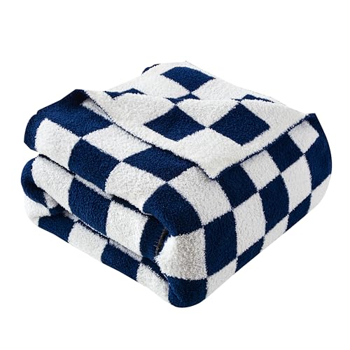 Image of Elegant Comfort Checkered Throw Blanket, Navy Blue Super Soft Cozy Fluffy Warm Throw Blankets for Couch, Sofa, Chair, Bed, Camping, Picnic, Travel Lightweight Bed Blanket (50 inch x 70 inch)