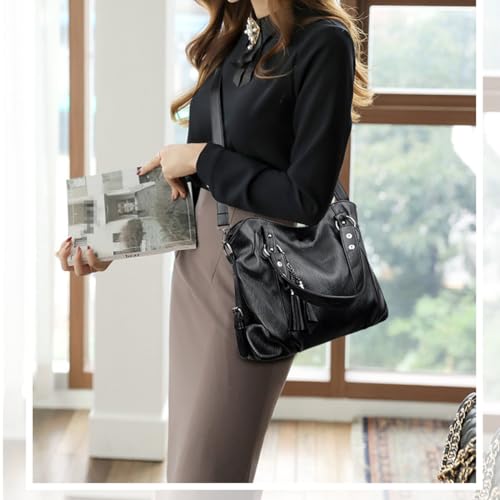 Handbag for Women Large Capacity Tote Leather Purse Top-handle Satchel Zipper Shoulder Bag With Tassel 6