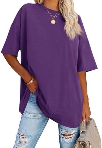 Ebifin Oversize T Shirt Damen Rundhals Kurzärmeliges Tops Casual Lockere Basic Sommer Tee Shirts Bluse.Dunkel Violett.L