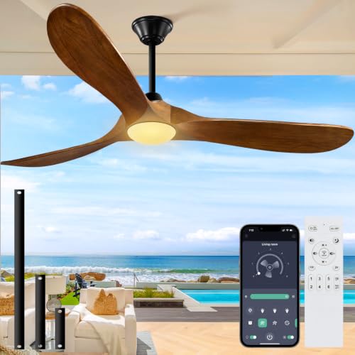 Image of 60 inch Outdoor Ceiling Fan with Light-Glass Lamp, 3 blade Wood Propeller Ceiling Fans with Lights and Remote Control for Patios, Exterior Damp Rated High CFM Ceiling Fans Modern Smart APP