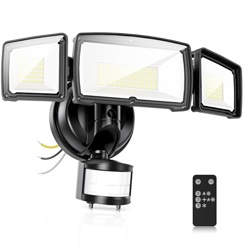 homzuri 100W 11000LM Security Lights Outdoor with Remote Control, 6500K Daylight LED Flood Light, IP66 Waterproof, Dusk to Dawn, 3 Head Motion Detected for Garage, Yard