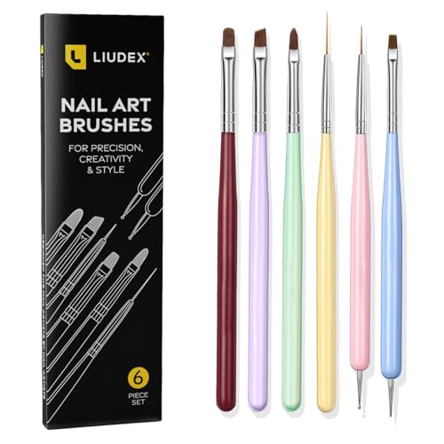 LIUDEX | 6PCS Nail Art Brushes Nail Design Painting Brush Set with Nail Polish Brush Builder Nail Gel Brush Nail Liner Brush Nail Extension Gel Brush and Multi-Size Dotting Pens for DIY Nail Art