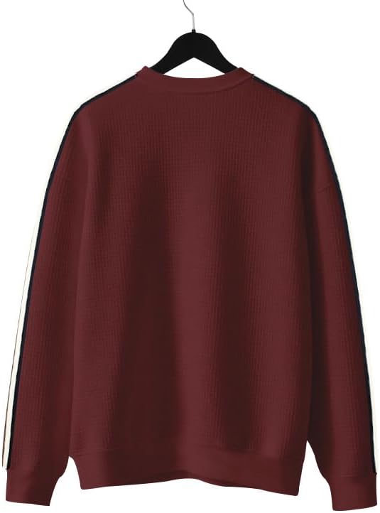 Men's Spring/Autumn Classic Striped Shirts Solid Color Waffle Round Neck Long Sleeve Pullovers Fashion Loose Top