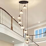 Cainjiazh High Ceiling Long Pendant Light Fixtures Modern Crystal Hanging Chandeliers Flush Mount Ceiling Light for Spiral Staircase Entryway Foyer, Black (8-Lights)