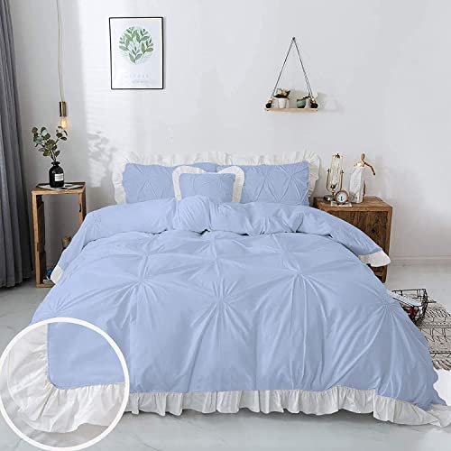 Image of 300 TC Pinch Ruffle 2 Tone Duvet /Razai /Blanket Cover with 2 Pillow Cover- 100% Cotton (Zipper Closure) Razai Cover 3 PC Set, Soft & Lightweight-King Size White /Light Blue
