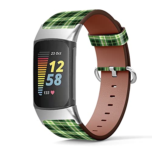 MINGDAO Compatible with Fitbit Charge 5 , Patterned Leather Replacement Band , (Green Checkered Tartan Plaid Pattern-Wb01)