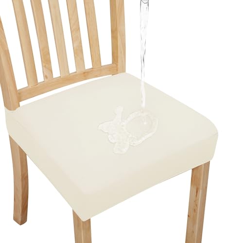 Easy-Going 100% Waterproof Seat Covers for Dining Room Chairs Set of 4, Stretch Chair Seat Slipcovers Protector Removable and Washable Kitchen Dining Chair Covers, Ivory