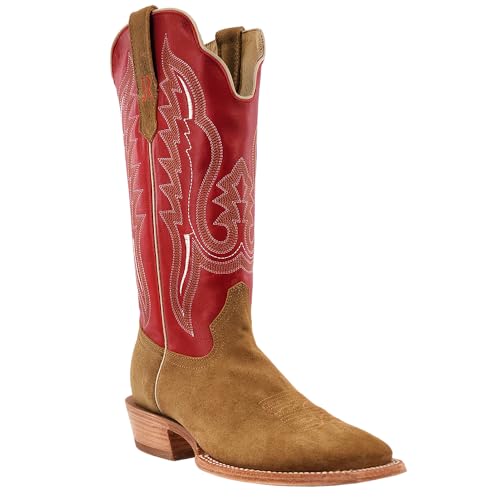 R. Watson Boots Men's Sand Roughout 13' Cherry Red Cowhide Top Square Toe Cowboy Boots Red, RW8207-2, Size 12 D