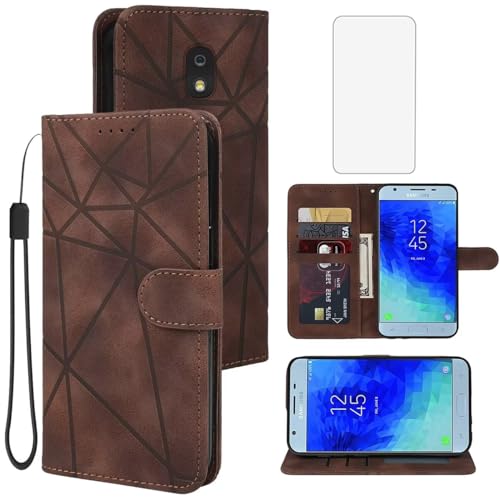 Tothedu Case for Galaxy J3 2018/J3 Star/Sol 3/J3 Achieve/J3 Aura Wallet Case with Tempered Glass Screen Protector, Flip Leather Credit Card Holder Stand Phone Cover for Samsung Galaxy J3 2018 Brown