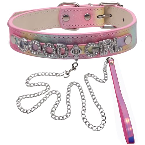 Leather Collar Chain Leash Set With Name Letters,Punk Gothic Rock Choker Necklace for Women Men Cosplay Party Gifts