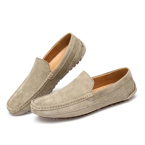 Men's Suede Driving Penny Loafers Retro Round Toe Solid Color Moccasin Shoes Comfortable Slip On Casual Dress Boat Shoes