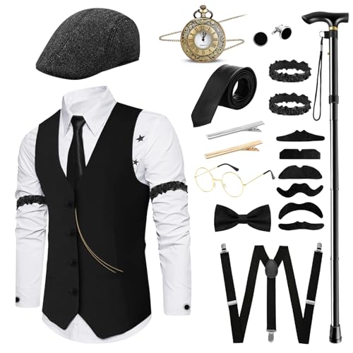 Sekepingo Elegante chaleco y sombrero para hombre de los años 20 y 30, accesorios para fiesta temática de los años 20 y 30, Negro-7004, XX-Large