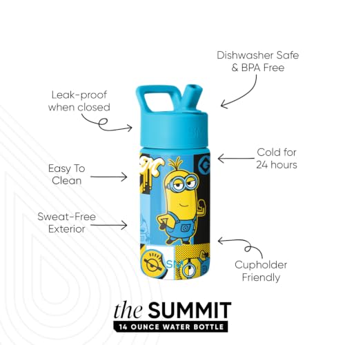Image of Simple Modern Despicable Me Minions Kids Water Bottle with Straw Lid | 14oz Insulated Stainless Steel Kids Tumbler & Spill Proof Toddler Cup for School, Girls, Boys | Summit | Bello