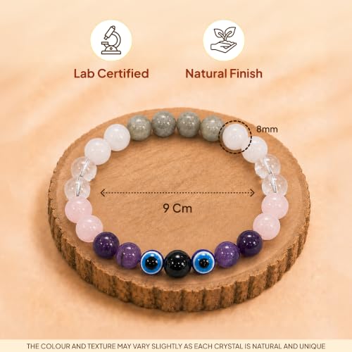 Image of Karka (Cancer) Rashi Bracelet | Labradorite, Moonstone, Clear Quartz, Rose Quartz,Amethyst, Evil Eye | Emotional Stability & Intuition | Relieves Anxiety, Boosts Intuition | For Men & Women