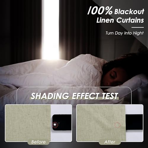 Image of Nanspring Sage Green 100% Blackout Linen Curtains 84 Inch Length 2 Panels Set for Bedroom Back Tab Farmhouse Decor Coastal Black Out Curtain for Living Room Office Thermal Insulated Drapes 52x84