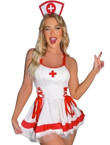 JFAN Lenceria Mujer Sexy Enfermera Disfraz Vestido de Enfermera Cosplay Conjunto Ropa Interior Mujer con Tang(Talla única,F)