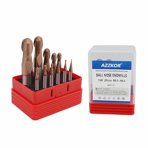Image of Carbide Ball Nose EndMill HRC55 Double Edge 2 Flute AlTiN Coating Tungsten Steel Color-Ring Milling Cutter for Metal Steel TGR Series 11pcs Set