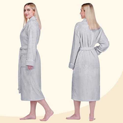 Image of PAVILIA Women's Plush Fleece Robe, Soft Cozy Long Bathrobe with Satin Waffle Trim, Warm Lightweight, Pockets & Tie Belt