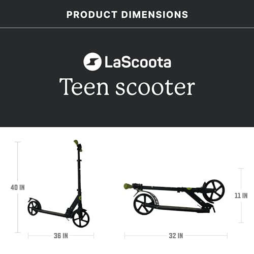Image of LaScoota Kick Scooter for Kids Ages 6+, Teens & Adults, Large 8 inch Sturdy Urethane Wheels. Adjustable Handlebar, Lightweight, Foldable, 220lbs Max Load