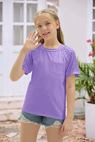 Image of Girls Summer Short Sleeve Shirts Lace Casual Cute Crew Neck Solid Color Blouses Tops Sizes 6-15 Years