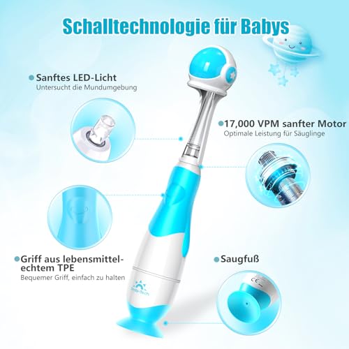Elektrische Zahnbürste Kinder Baby Zahnbürste Kinderzahnbürste Elektrisch ab 1 2 3 Jahre mit Fingerzahnbürste, Süße Schutzhülle, LED-Licht, 2 Minuten Timer, Saugnapf für Kleinkind (Blau Astronauten) – Bild 5