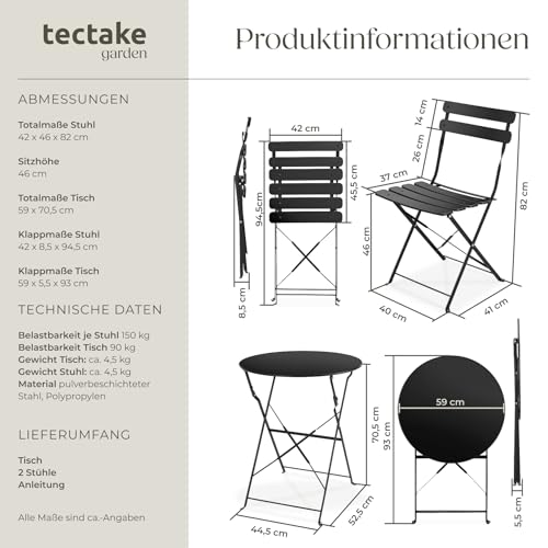 tectake® Gartenmöbel Bistro Set aus Gartentisch mit Stühlen, Balkonmöbel Kleiner Balkon, Klapptisch mit 2X Gartenstuhl… – Ansicht 6