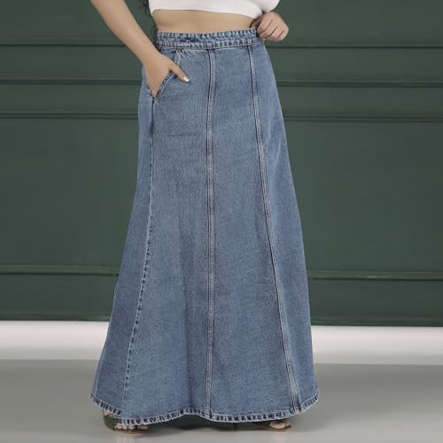 Image of Womens Plus Size Hipster Fit Mid Blue Denim Skirt