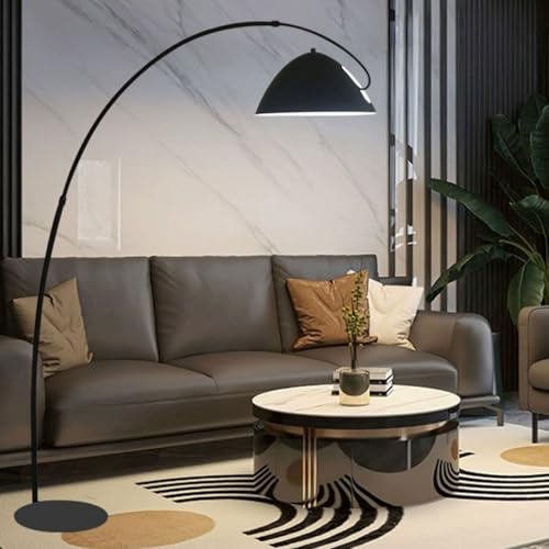 Modern Black Arc Floor Lamp with Remote Control Adjustable Height Standing Lamp for Living Room Bedroom and Office Dimmable Reading Light Behind Couch Stylish Mid Century Design
