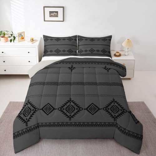 Juego de ropa de cama occidental tamaño doble para niños, niñas y adolescentes, edredón de vaquero del salvaje oeste, microfibra suave, tribal, bohemio, decoración de habitación, color gris y negro