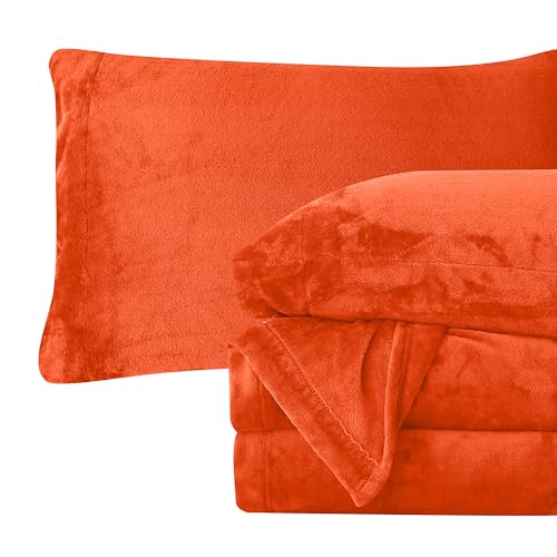 Elegant Comfort Luxuriously Soft 4-Piece Velvet Plush Flannel Sheet Set - Premium Quality - Cozy Warm, Anti-Static, Non Pilling Fuzzy Velvet Flannel Fleece Deep Pocket Sheet Set - Twin, Orange