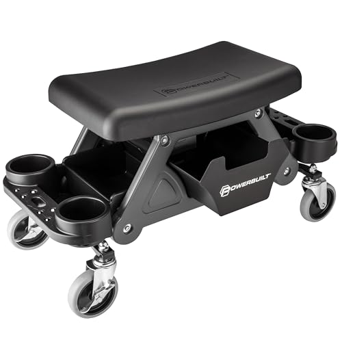 Powerbuilt Heavy-Duty Utility Rolling Seat Upgraded with Padding, Sturdy Locked in Trays, Premium Wheels for Garage Work - Grey 642924ECE