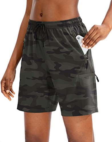 SANTINY Women's 5''/ 7''/9'' Hiking Cargo Shorts Quick Dry Lightweight Summer Shorts for Women Athletic Golf Zipper Pockets, Green Camo, X-Large