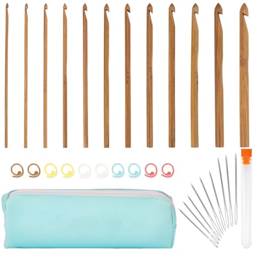 RAINFLOW 32 Pcs Bamboo Crochet Hooks Set - Crochet Hook Set Knitting Needles Kit