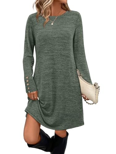 OFEEFAN Long Sleeve Dress for Women Crew Neck Tunic Dress with Pockets Decorative Buttons