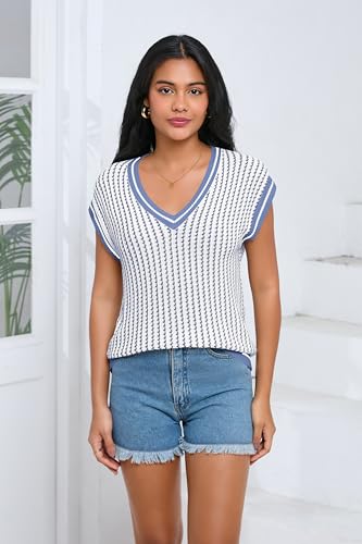 Image of SAUKOLE Women's Sweater Vest Casual V Neck Cap Sleeve Knit Pullover Tops | 2026 Spring Clothes, Soft Knit Shirts, Short Sleeves T-shirts, Tunic Blouses, Sweater Tank Tops