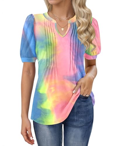 MOLERANI T Shirts for Women - V Neck Tops Loose Casual Puff Short Sleeve T-Shirt Front Pleated Blouse Rainbow L