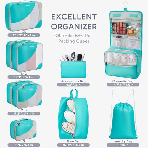 Image of ALL INCLUDED 10 Set Durable Packing Cubes for Suitcases,OlarHike Essentials for Travel, UPGRADED Anti-Tear Stitching, NEW Improved Luggage Packing Organizers for Travel Accessories (Turquoise)