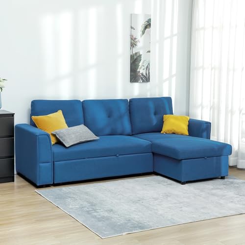 HOMCOM 3 Seater Sofa Bed, L Shaped Pull Out Sofa Bed with Storage, Convertible Click Clack Settee Sectional Sleeper Futon for Living Room, Office, Dark Blue - Image 2