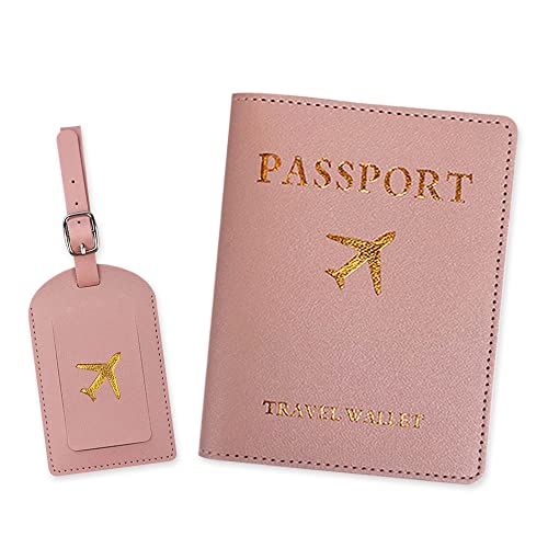 Identificador Maleta Etiqueta Mochila Piel Placas Luggage Tag Funda Etiquetas Maletas Viaje y Porta Pasaporte Kit para Mochilas Infantiles Viaje, Rosa Cover