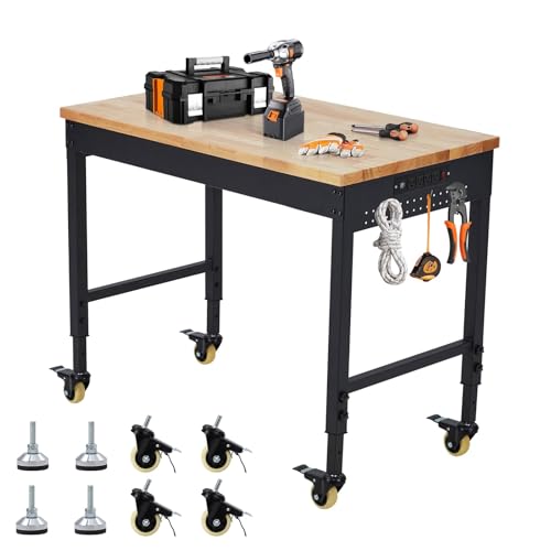 Work Bench 48" Adjustable Height, Heavy-Duty Portable Workbench with Power Outlets for Garage & Workshop, 2000 LBS Load Capacity, Work Table for Office, Home, Easy Assembly
