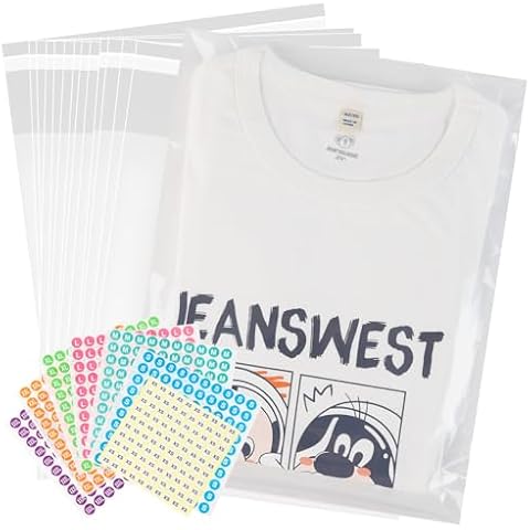 SOMIOCO 100pcs Cellophane Bags 12"x16" Clear Plastic Bags Self Sealing,Thick Clear Cellophane T-shirt Packaging Bags with Clothing Size Stickers for Packaging Clothes, T-Shirts, Pants Cover
